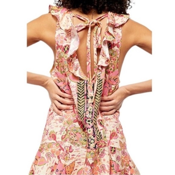 FREE PEOPLE SUMMER IN TULUM LINEN BLEND TUNIC PEBLUM PINK FLORAL TOP Size Large - Picture 2 of 11